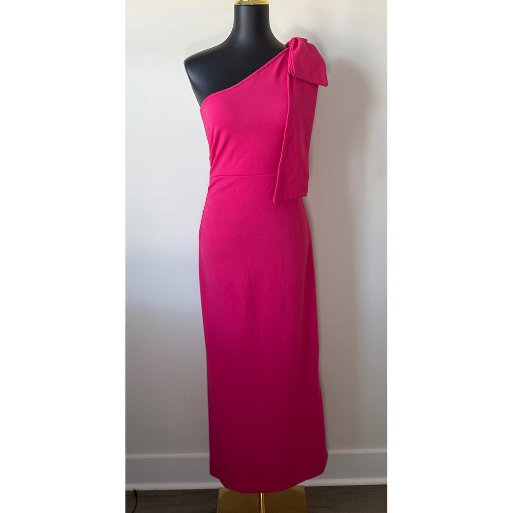 PrettyGarden Hot Pink One Shoulder Bow Maxi Dress Side Slit Ruched Formal Size M